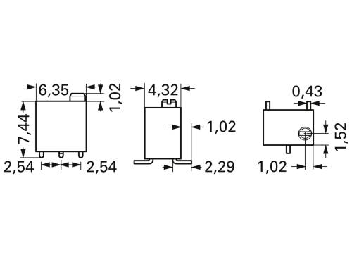 Rysunek techniczny elementu elektrycznego z wymiarami: szerokość 6,35 mm, wysokość 7,44 mm, głębokość 2,54 mm. Widok z boku: 4,32 mm.