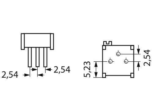 Element elektroniczny, przedstawiający wymiary: rozstaw pinów 2,54 mm, całkowita szerokość 5,23 mm, widok z góry i z boku.