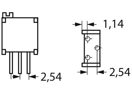 Rysunek techniczny elementu elektronicznego z trzema pinami, o wymiarach: szerokość 2,54 mm, wysokość 1,14 mm, rozstaw 2,54 mm.