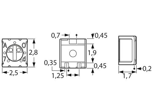 Rysunek techniczny przełącznika z wymiarami: 2,8 x 2,5 x 1,9 cm. Widok z boku pokazuje głębokość 1,25 cm. Przedstawiono różne widoki i wymiary.