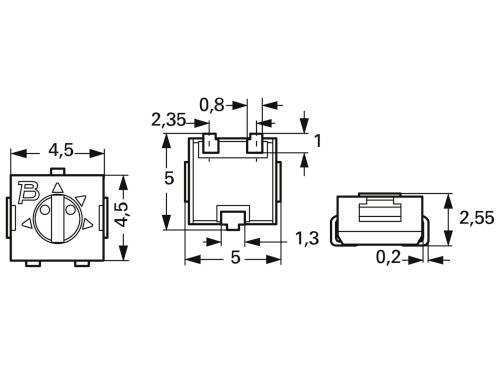Rysunek techniczny przełącznika z wymiarami: 4,5 x 4,5 x 2,55 mm. Oznaczony różnymi oznaczeniami wymiarowymi w milimetrach.