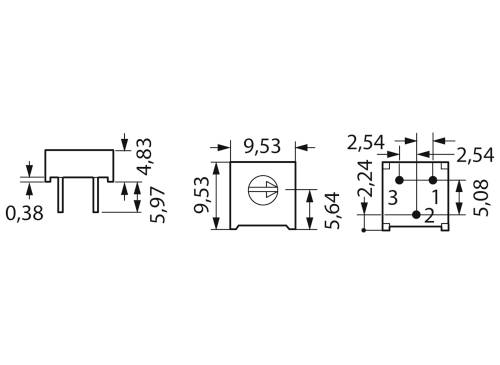 Rysunek techniczny elementu elektronicznego z wymiarami: długość 9,53 mm, szerokość 5,64 mm, wysokość 5,97 mm. Oznaczone złącza 1-4.