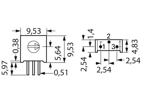 Rysunek techniczny elementu elektronicznego z wymiarami: szerokość 9,53 mm, wysokość 5,64 mm. Zawiera rozmieszczenie pinów i otworów.