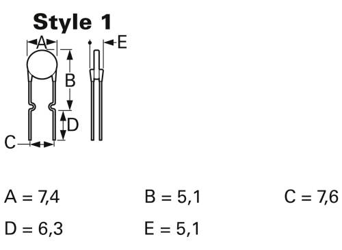 Schemat elementu elektronicznego, styl 1, z wymiarami: A=7,4; B=5,1; C=7,6; D=6,3; E=5,1. Przedstawia widok z przodu i z boku.