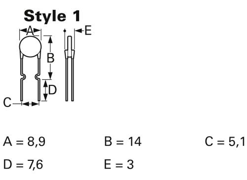 Schemat elektronicznego komponentu, oznaczony jako 'Styl 1', o wymiarach: A=8,9; B=14; C=5,1; D=7,6; E=3.