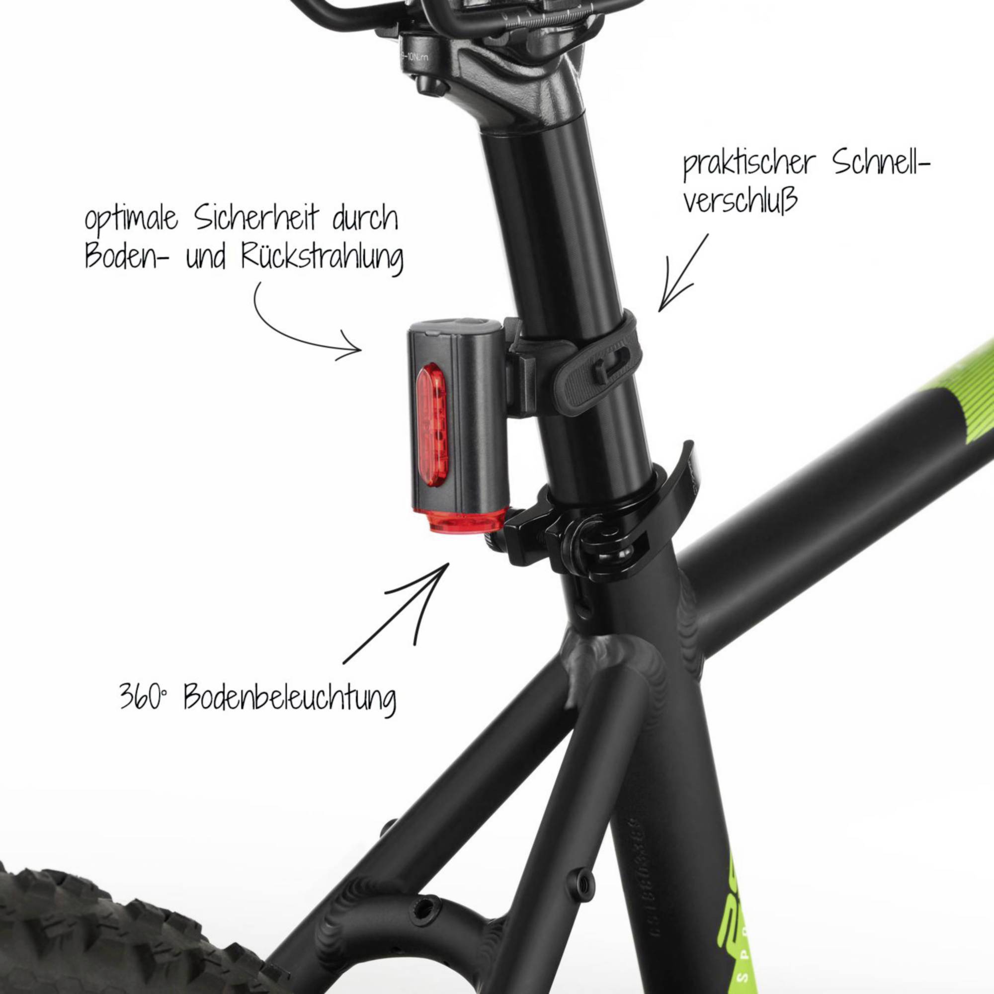 'Rama roweru z czerwonym światłem tylnym do oświetlenia podłoża w 360° z praktycznym szybkozamykaczem.'