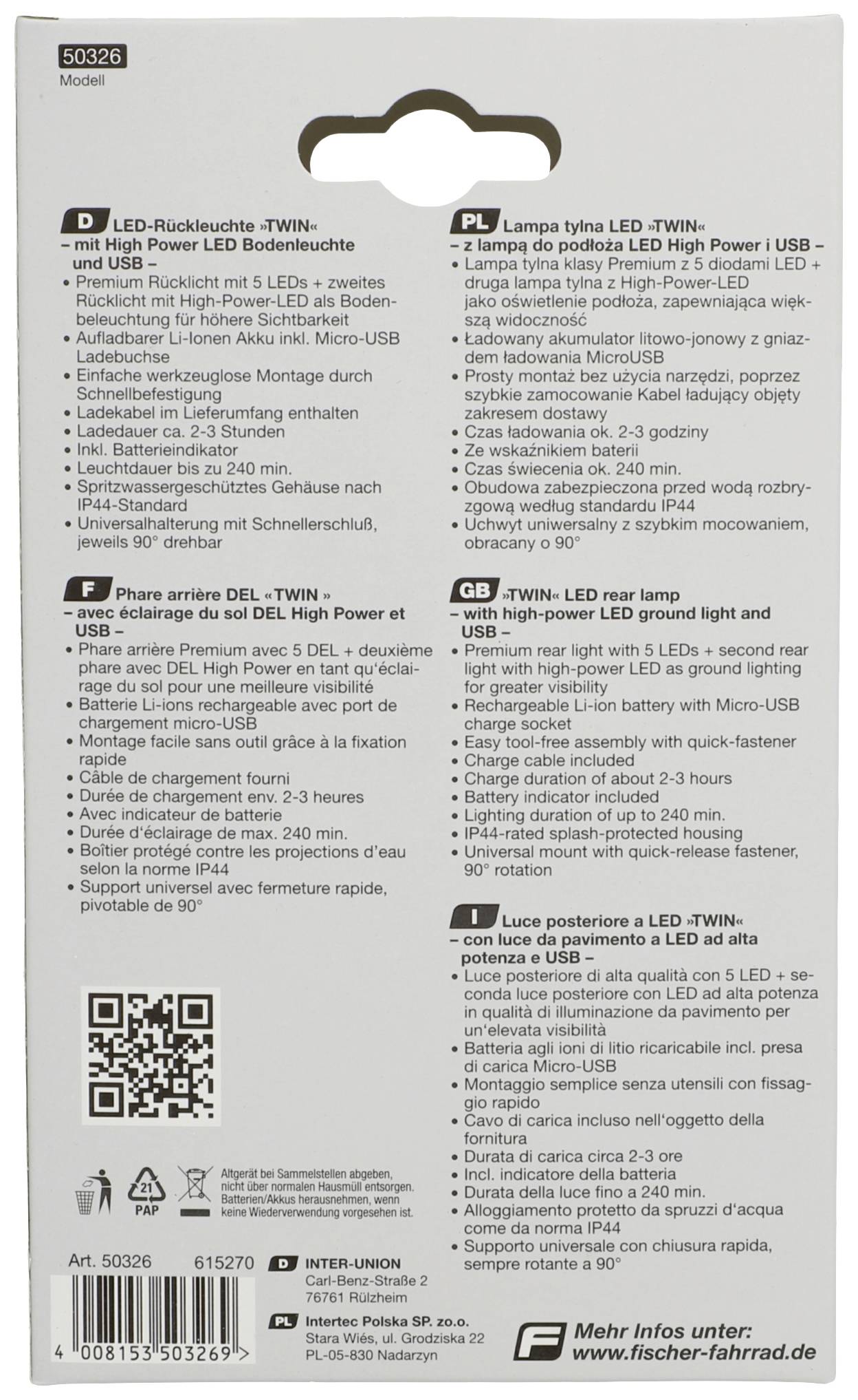 Tył opakowania z instrukcjami w kilku językach do lampy tylnej LED, numer modelu 50326. Zawiera instrukcję montażu oraz dane techniczne.