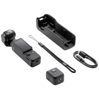 Kamera z akcesoriami: Kamera z ekranem, obudowa ochronna, pasek na rękę, mała część dodatkowa oraz kabel USB, na białym tle.