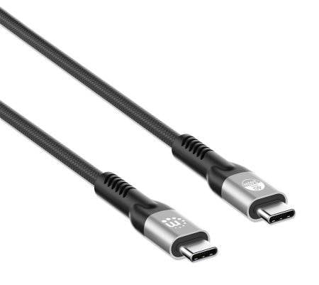 Dwa przewody USB-C z metalowymi złączami i czarnymi kablami.