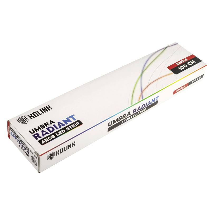 Opakowanie listwy LED Kolink Umbra Radiant ARGB, 100 cm, prezentujące logo produktu oraz grafiki kolorowych pasków świetlnych.