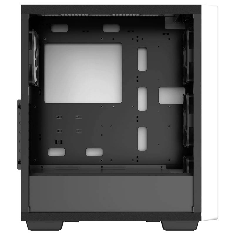 Pusty komputer w czarnej obudowie, widziany z boku, ukazujący przestrzeń na płytę główną, dyski twarde i wentylatory.