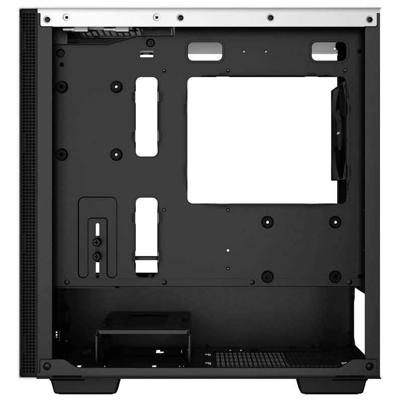 Otwarta obudowa komputera z przestrzenią na płytę główną i wentylatory, prezentująca różne pozycje montażowe dla podzespołów komputerowych.