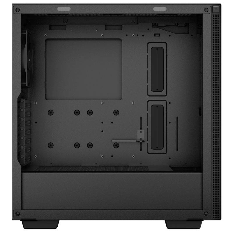 Czarna, pusta obudowa komputera z widocznymi otworami montażowymi i przepustami kablowymi, przeznaczona do instalacji podzespołów sprzętowych.