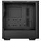 Czarna, pusta obudowa komputera z widocznymi otworami montażowymi i przepustami kablowymi, przeznaczona do instalacji podzespołów sprzętowych.