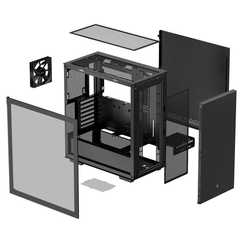 Widok rozstrzelony obudowy komputera z usuniętymi panelami bocznymi, frontem, pokrywą zasilacza i wentylatorem.
