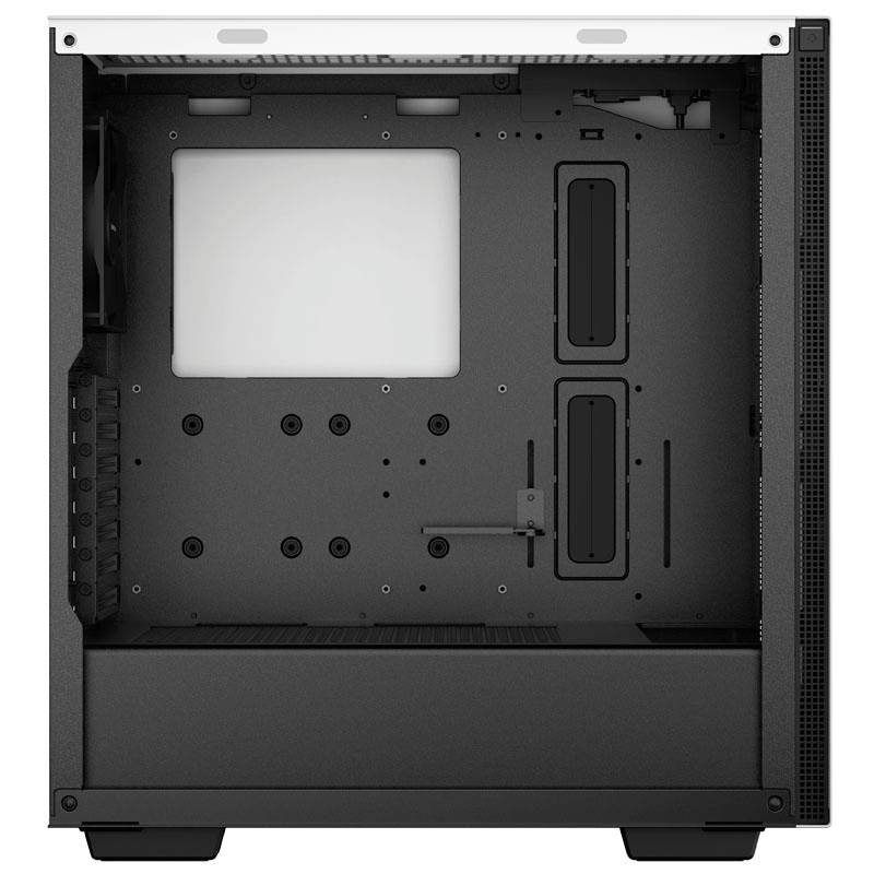 Obudowa komputerowa bez zamontowanych komponentów, widok wewnętrzny przedstawiający miejsce na płytę główną i zarządzanie przewodami; projekt w kolorystyce czarno-białej.