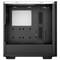 Obudowa komputerowa bez zamontowanych komponentów, widok wewnętrzny przedstawiający miejsce na płytę główną i zarządzanie przewodami; projekt w kolorystyce czarno-białej.