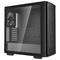 Czarne, puste obudowa komputerowa z przezroczystą boczną ścianką, otwartą przestrzenią wewnętrzną do integracji komponentów oraz wentylatorem na tylnej ściance.