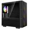 Czarne obudowa komputerowa z przezroczystą boczną ścianką, wewnątrz widoczny kolorowy wentylator LED. Idealna do zestawów gamingowych.