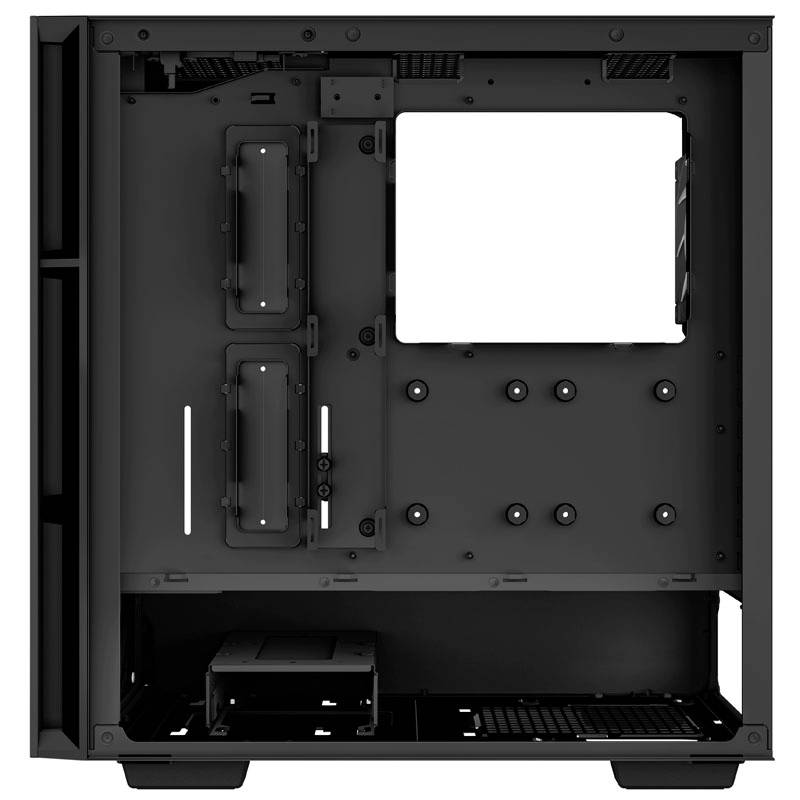 Czarna obudowa komputera bez komponentów, z otwartą stroną. Widoczne są punkty mocujące oraz szczeliny do prowadzenia i zarządzania kablami.