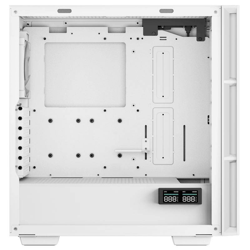 Pusty, biały komputer stacjonarny z otwartym panelem bocznym. Wnętrze ujawnia punkty mocowania oraz cyfrowy wyświetlacz w dolnym prawym rogu.
