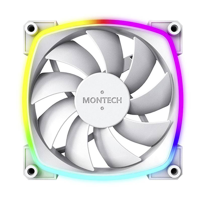Biały wentylator komputerowy z podświetleniem LED w kolorach tęczy. Nazwa marki 'Montech' jest widoczna na środku wentylatora.