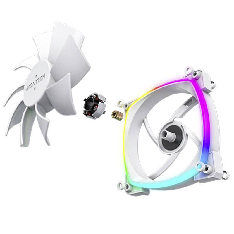 Komputerowo sterowany wentylator obudowy z wymiennym pierścieniem LED oraz komponentami zaprojektowanymi do chłodzenia i oświetlenia.