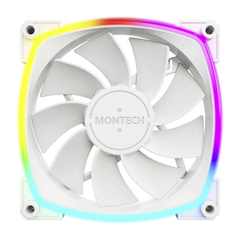 Biały wentylator marki 'MONTECH' z podświetleniem RGB na krawędziach.