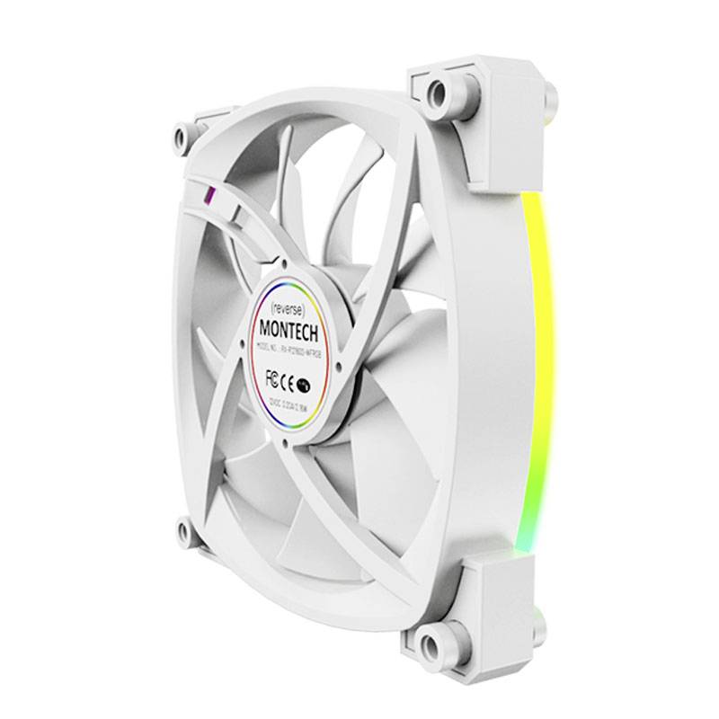 Biały wentylator komputerowy firmy Montech z kolorowymi diodami LED po bokach, prezentujący technologię i design.