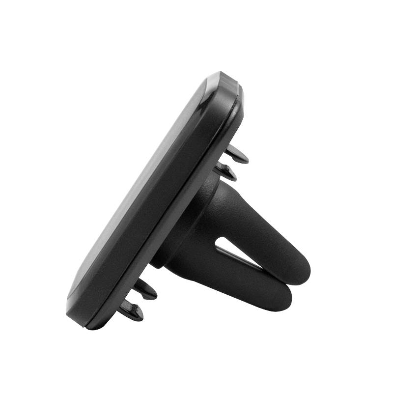 Czarny, prostokątny uchwyt do smartfona, mocowany do kratki nawiewu w samochodzie.