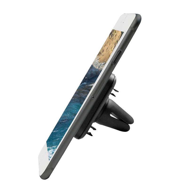 Smartfon w widoku bocznym w uchwycie samochodowym, wyświetlający ekran. System mocowania można łatwo zamocować na kratkach nawiewu.