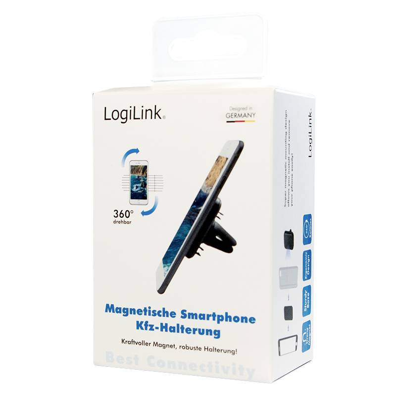 Opakowanie magnetycznego uchwytu samochodowego na smartfona firmy LogiLink. Pokazuje uchwyt z zamontowanym smartfonem, tekst: '360° obrotowy', 'Magnetyczny uchwyt samochodowy na smartfona'.