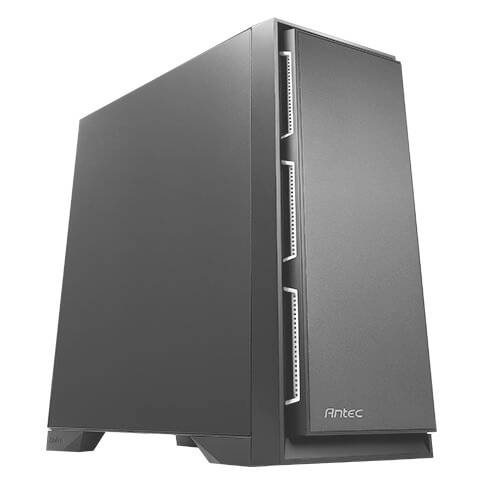 Czarna obudowa komputerowa marki Antec o prostym designie z czystymi liniami, widziana z boku.