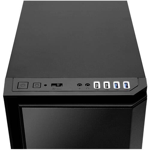 Czarna obudowa komputera z przednimi złączami: przycisk zasilania i resetowania, gniazda słuchawek i mikrofonu, dwa porty USB 2.0 i dwa porty USB 3.0.