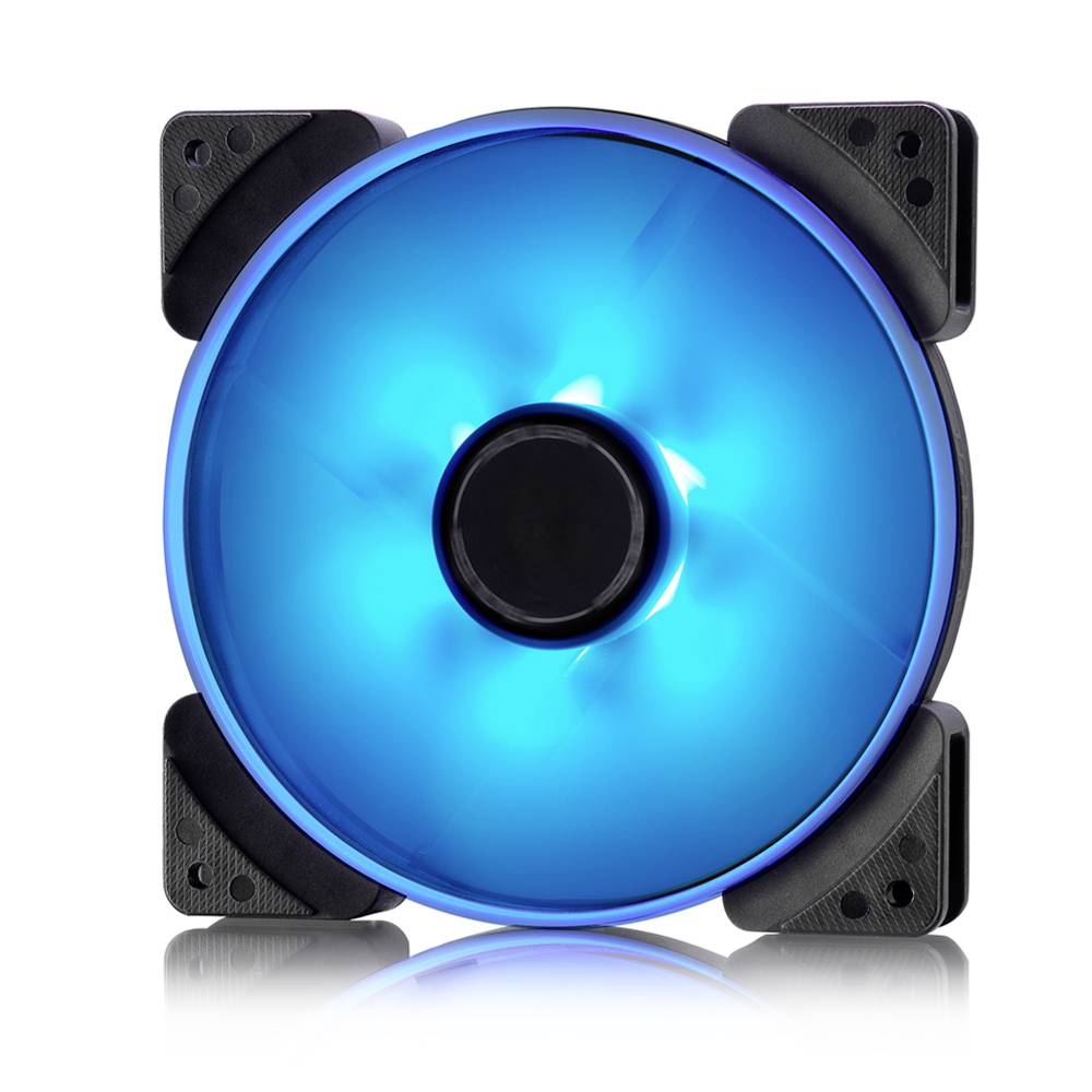 Niebieski, podświetlony wentylator komputerowy z czarną ramką, używany do chłodzenia urządzeń elektronicznych.