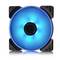 Niebieski, podświetlony wentylator komputerowy z czarną ramką, używany do chłodzenia urządzeń elektronicznych.