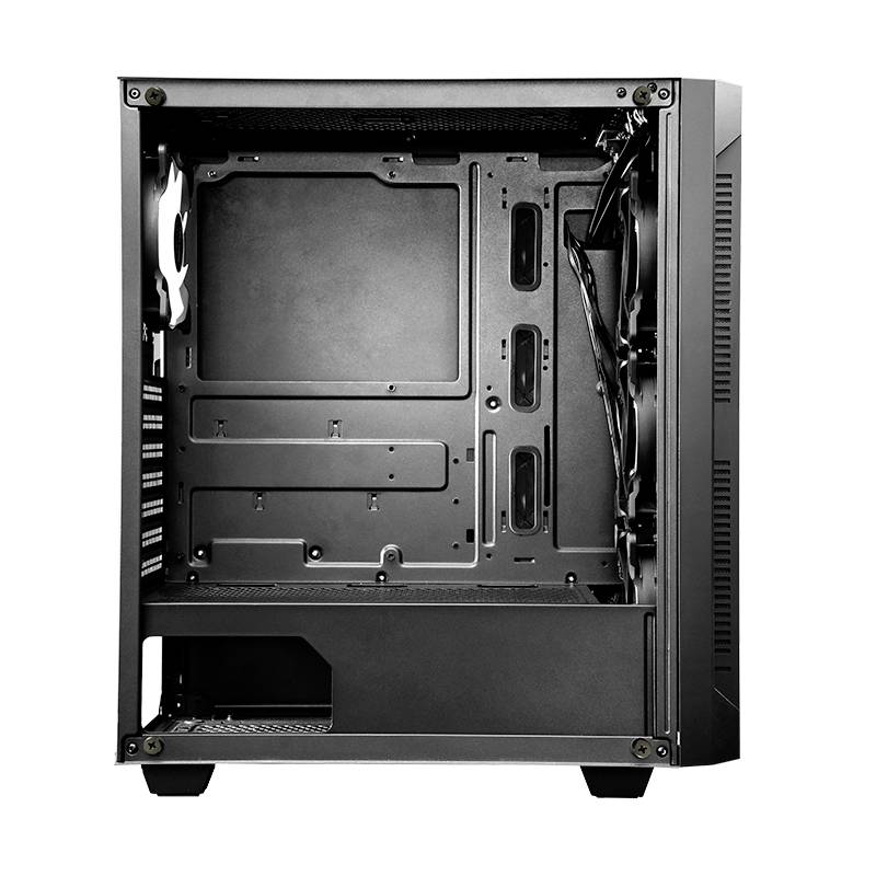 Czarna obudowa komputera, otwarta, bez podzespołów sprzętowych. Widoczne opcje prowadzenia kabli, o średniej wielkości.