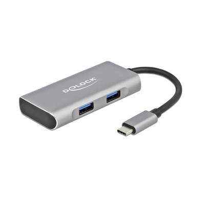 Srebrny hub USB z dwoma portami USB 3.0 i kablem USB-C. Urządzenie jest marki 'Delock'.