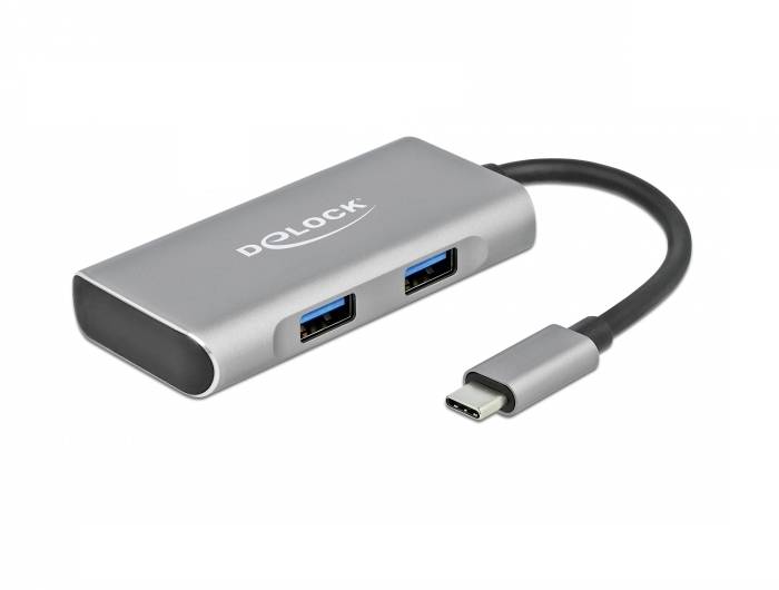 Hub USB-C z dwoma portami USB-A i krótkim przewodem. Obudowa w kolorze srebrnym, nazwa marki 'DeLOCK' na górnej powierzchni.