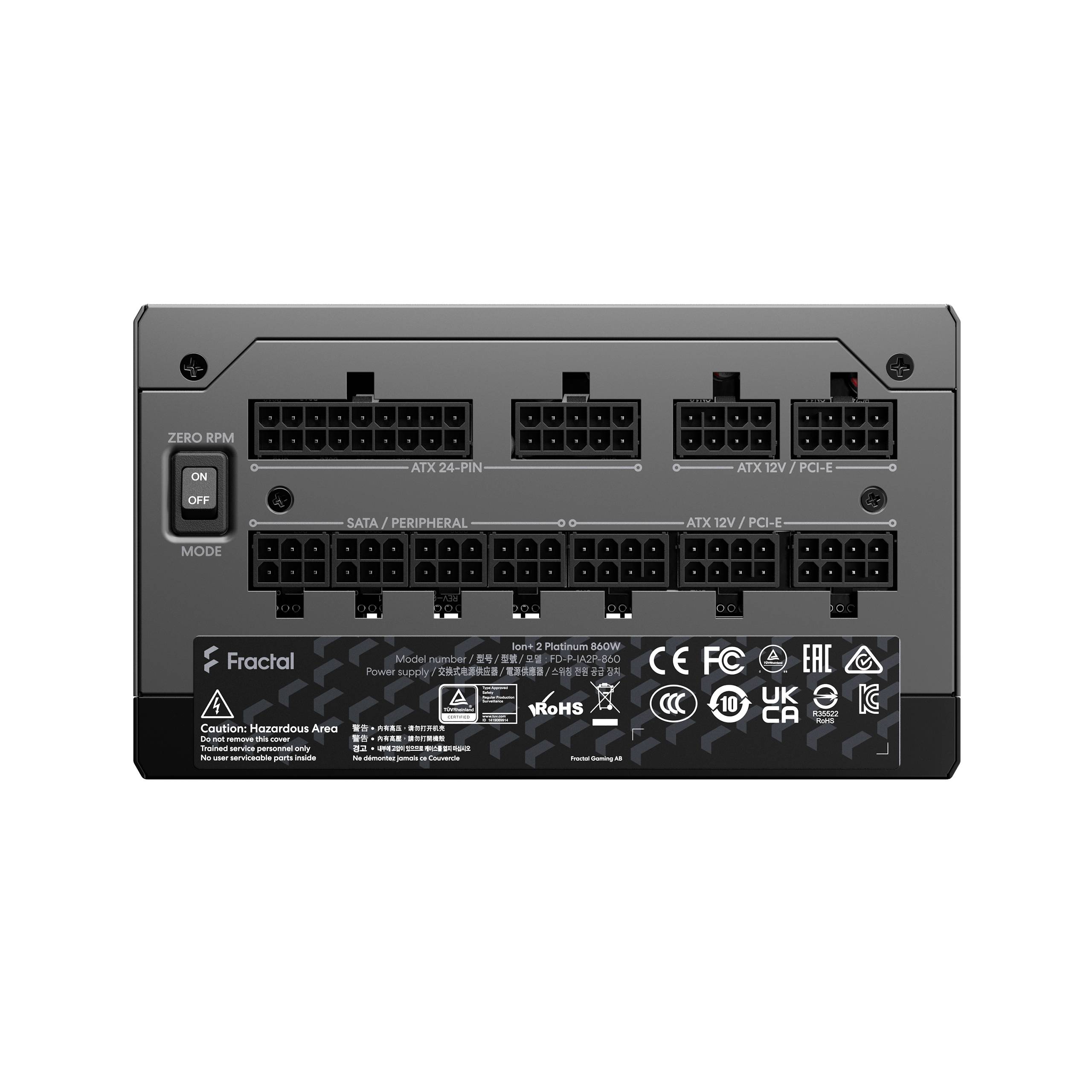 Widok z tyłu zasilacza z różnymi złączami i przełącznikami. Opisy wskazują rodzaje przyłączy i specyfikacje.