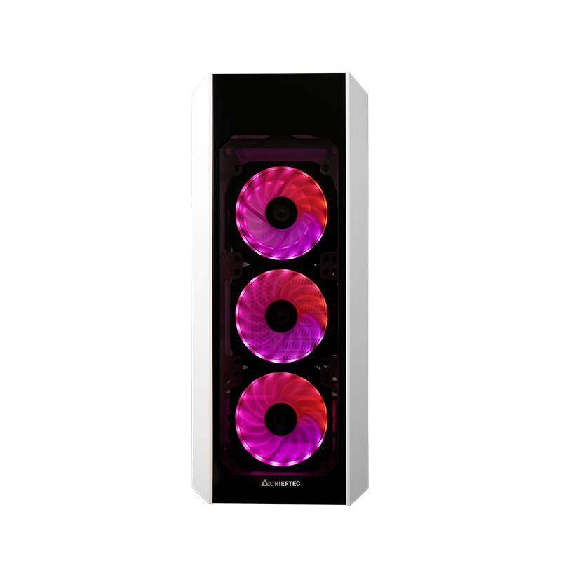 Obudowa komputera z trzema czerwono świecącymi wentylatorami z przodu, odpowiednia do komputerów dla graczy, nazwa marki widoczna poniżej.