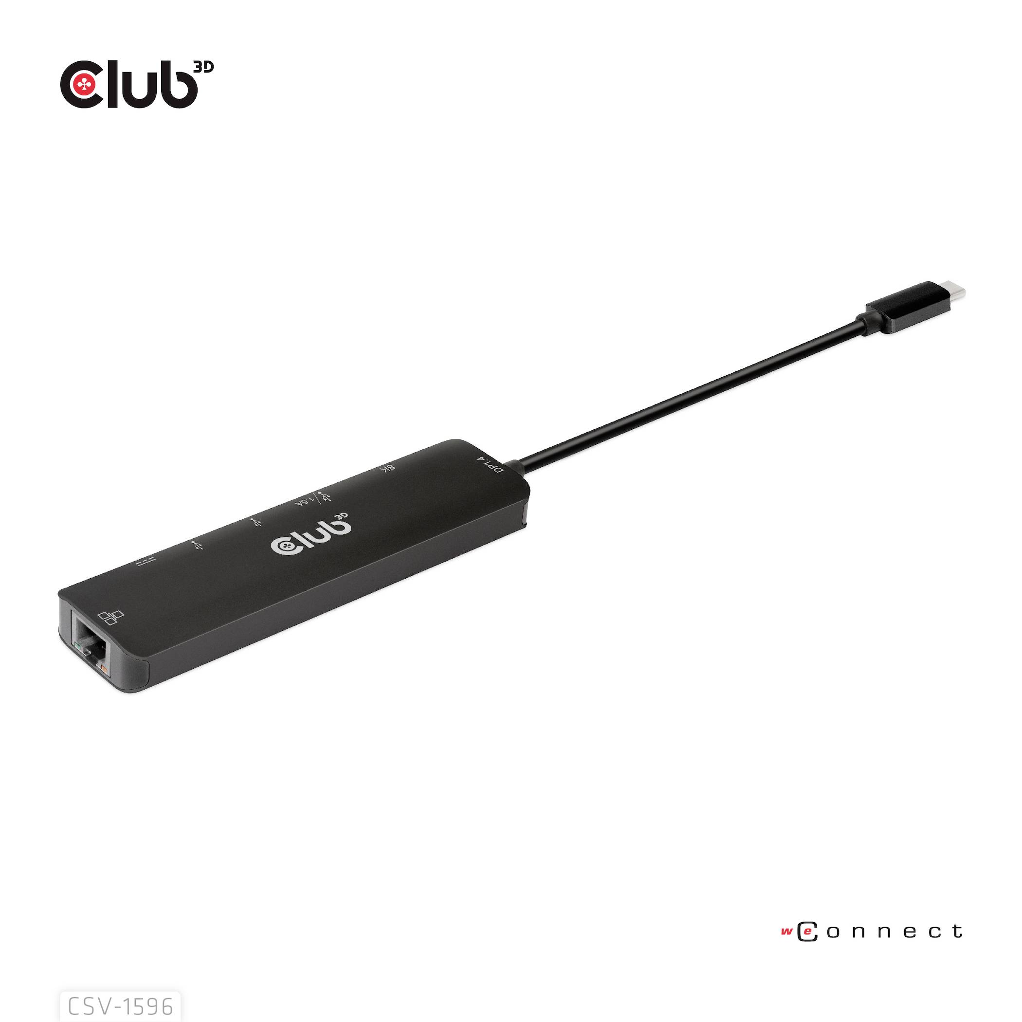 Czarny adapter marki 'Club 3D' z wejściem USB-C na złącze Ethernet, przeznaczony do podłączenia do sieci kompatybilnych urządzeń.