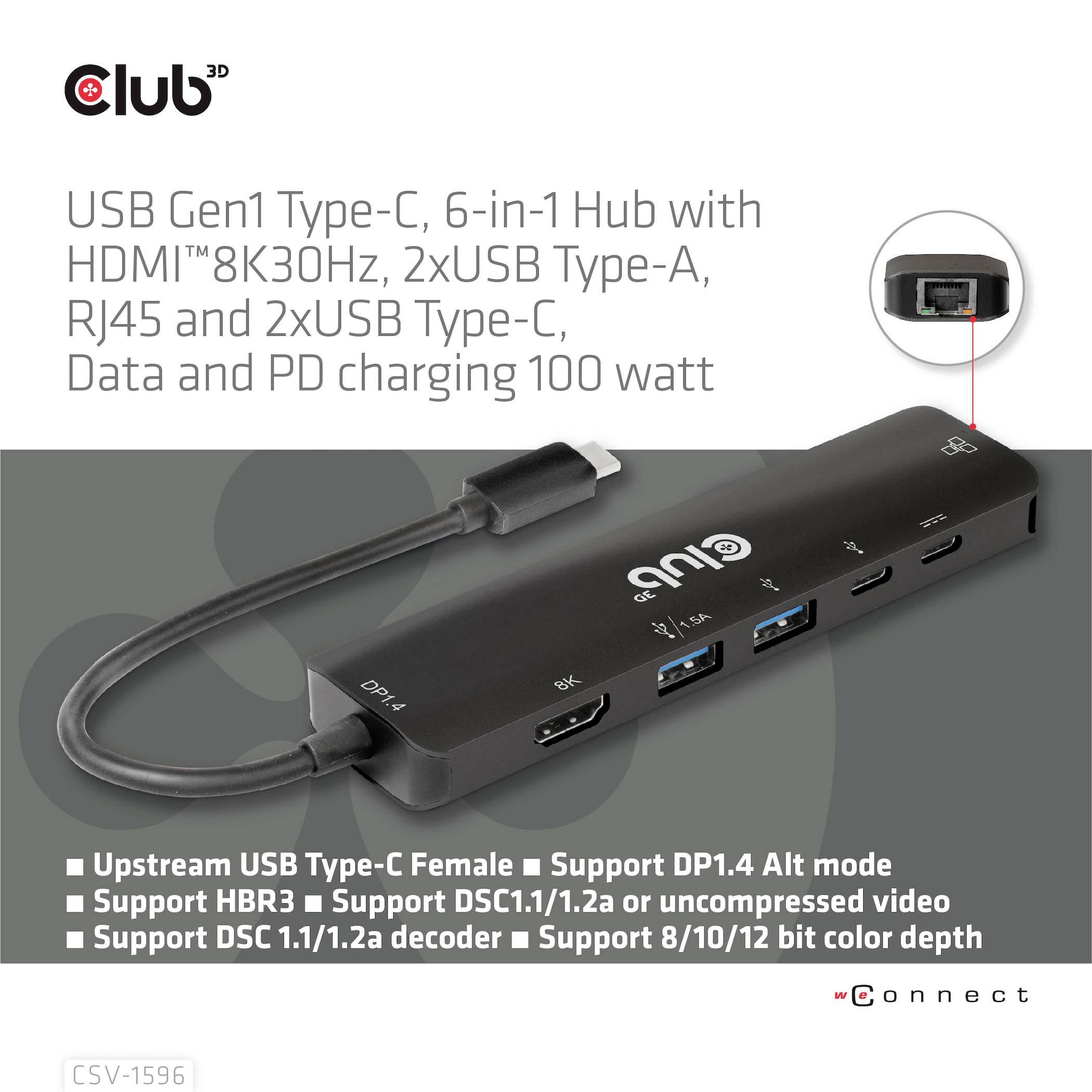 Koncentrator USB Gen1 Type-C, 6-w-1 z HDMI, 2xUSB Type-A, RJ45, 2xUSB Type-C, transfer danych i ładowanie PD, 100 watów. Obsługuje 8K30Hz, DP1.4.