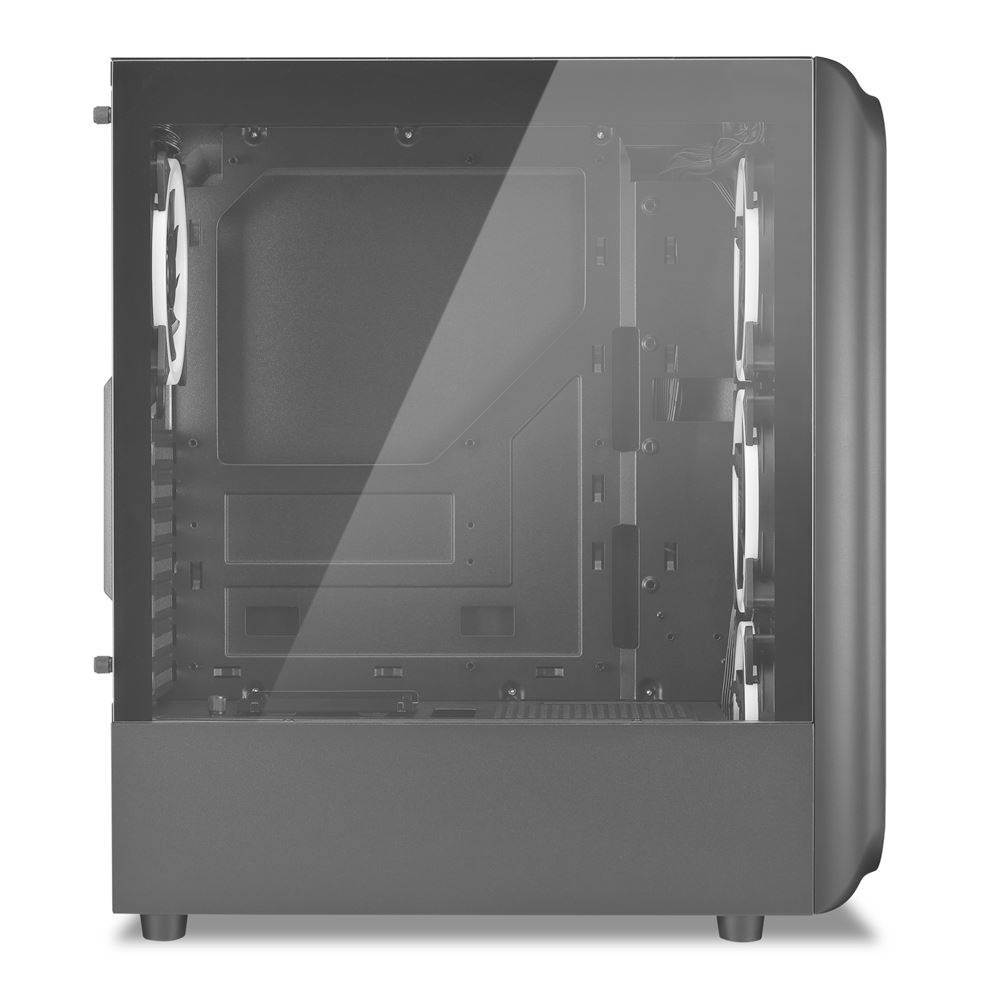 Puste, czarne obudowa komputera z przezroczystą boczną ścianką, która uwidacznia wewnętrzną strukturę i wentylatory.