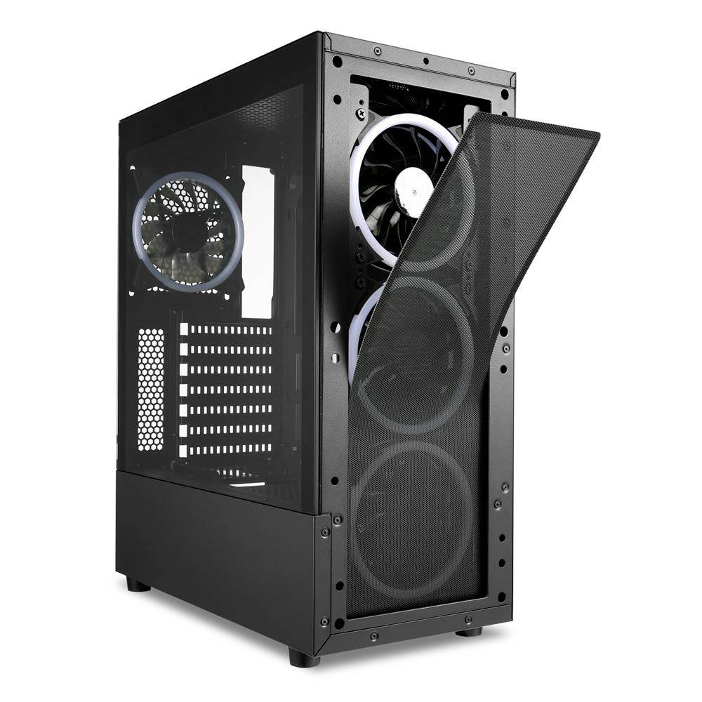 Obudowa komputera z otwartą konstrukcją, z widocznym wentylatorem i siateczkową przednią osłoną, przeznaczona do montażu podzespołów komputerowych.