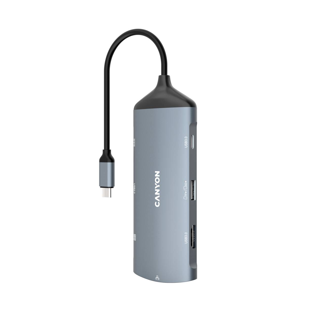 Hub USB-C Canyon z sześcioma portami: HDMI, trzy porty USB-A, Ethernet oraz czytnik kart SD. Smukła, szara obudowa.