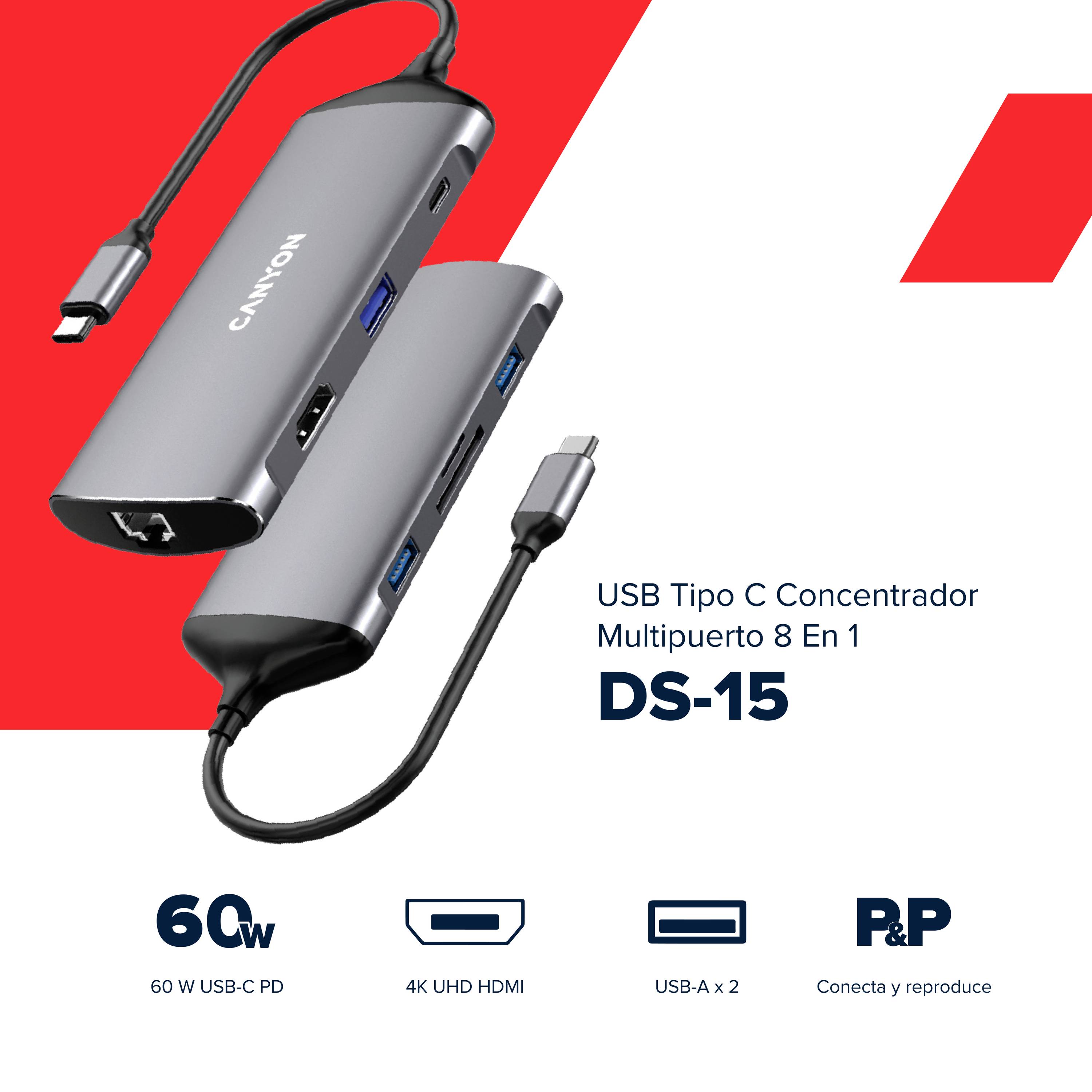 Adapter Multiport DS-15 z portem USB-C, 60W USB-C PD, HDMI 4K, 2x USB-A. Ilustracja przedstawia szczegóły produktu i jego złącza.