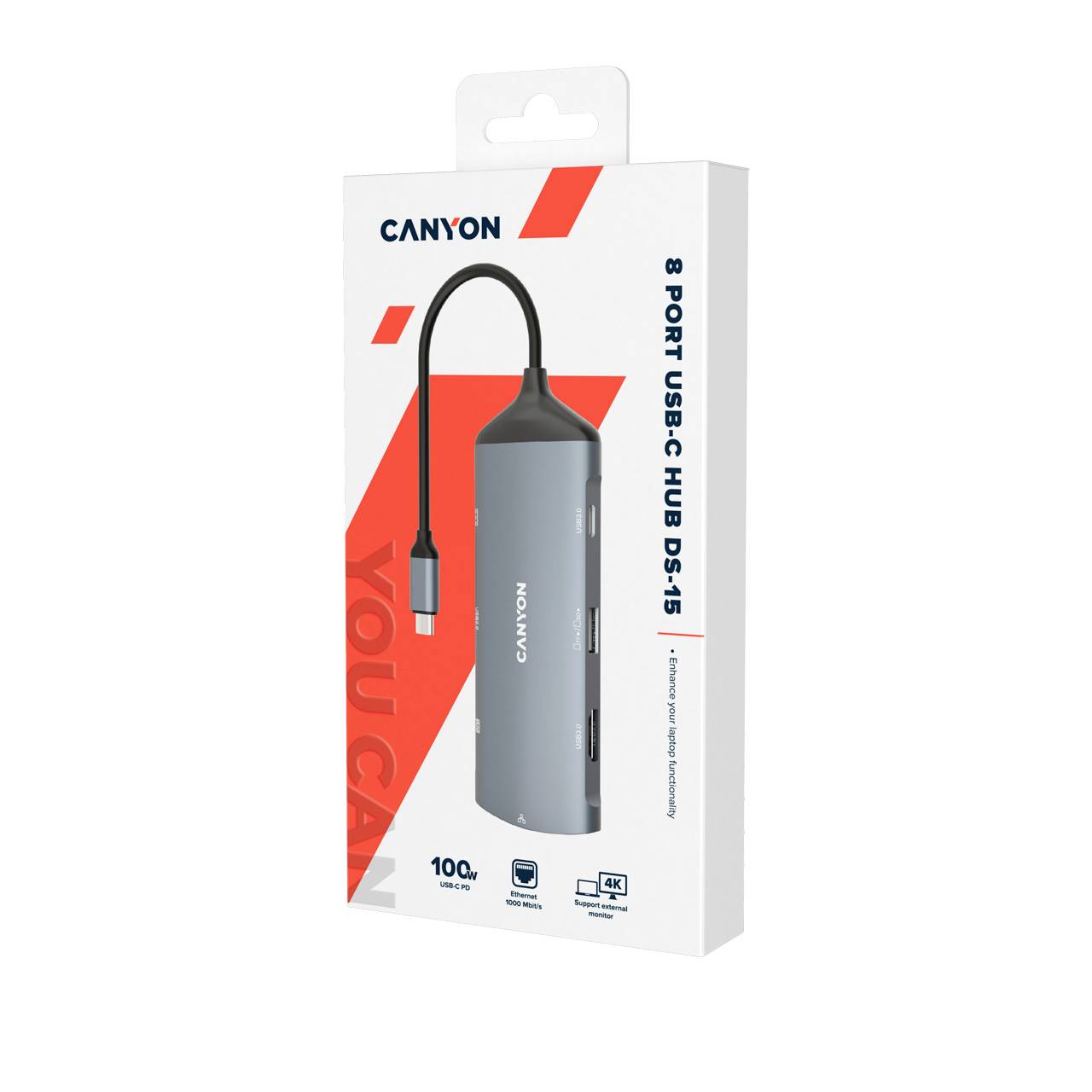 Szaro-czarny hub USB-C z 8 portami w opakowaniu. Nadruk: 'Canyon', '8-portowy hub USB-C 5-15', obsługuje 100W, HDMI 4K.