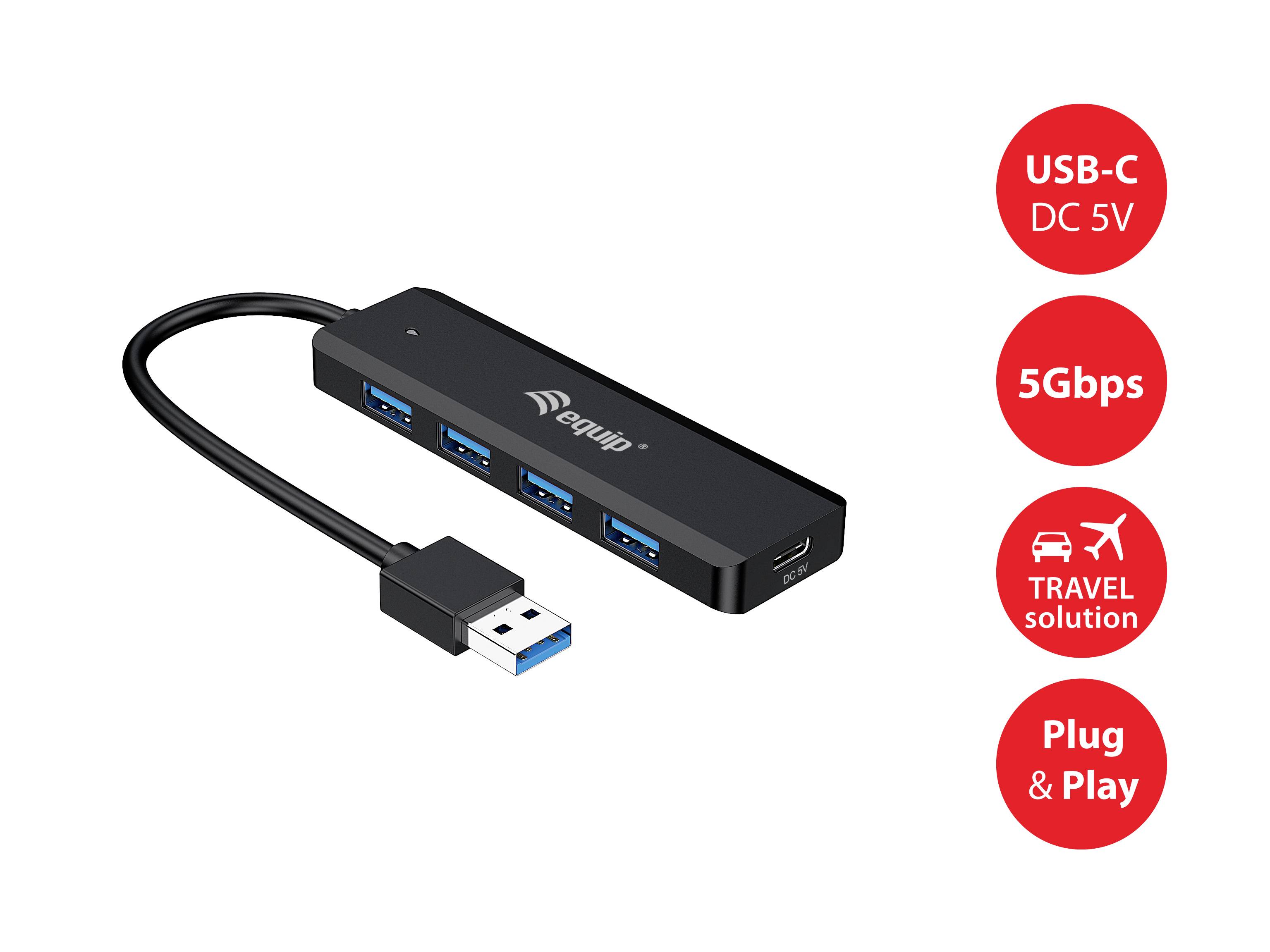 Hub USB z czterema niebieskimi portami USB, czarny design. Tekst na czerwonym tle: USB-C DC 5V, 5Gbps, TRAVEL solution, Plug & Play.