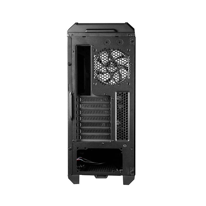Czarne obudowa komputera widziana od tyłu z wentylatorem i kilkoma slotami, prezentująca widok wewnętrzny i tylną stronę.